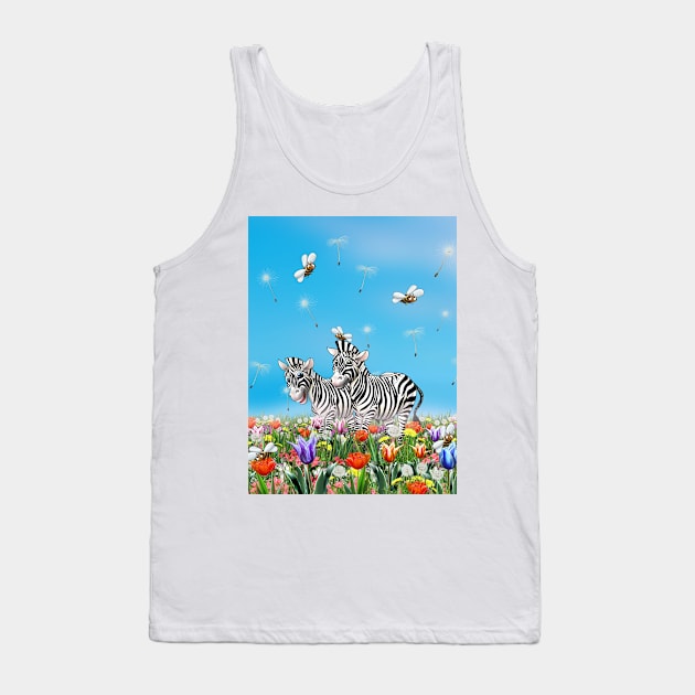 Summer Stroll, Cute Zebras, Beautiful Flowers Glad, Sunny Day, Watercolor Illustration Tank Top by sofiartmedia